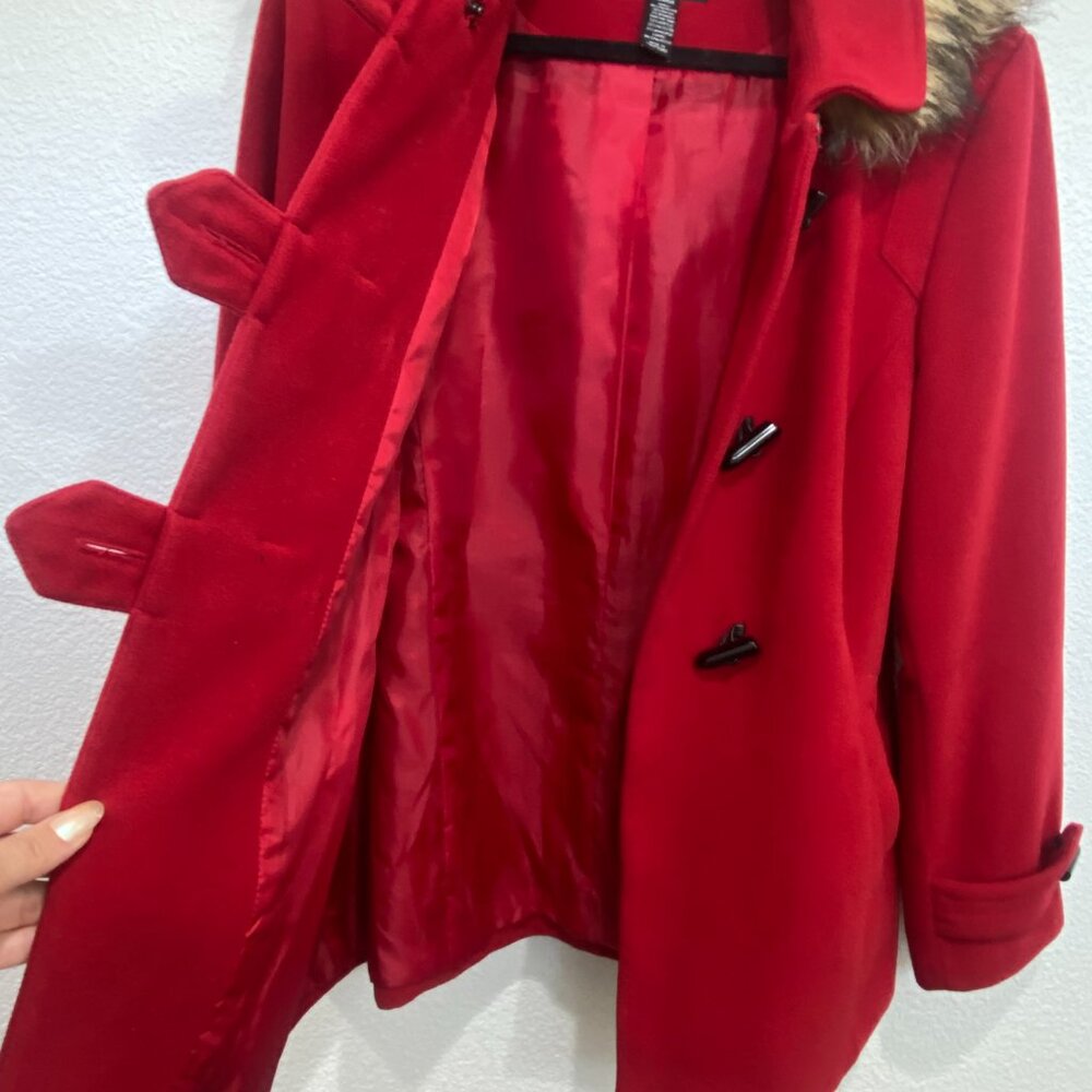 Style & Co Red Wool Blend Toggle Coat Faux Fur Hood XL - Picture 16 of 16